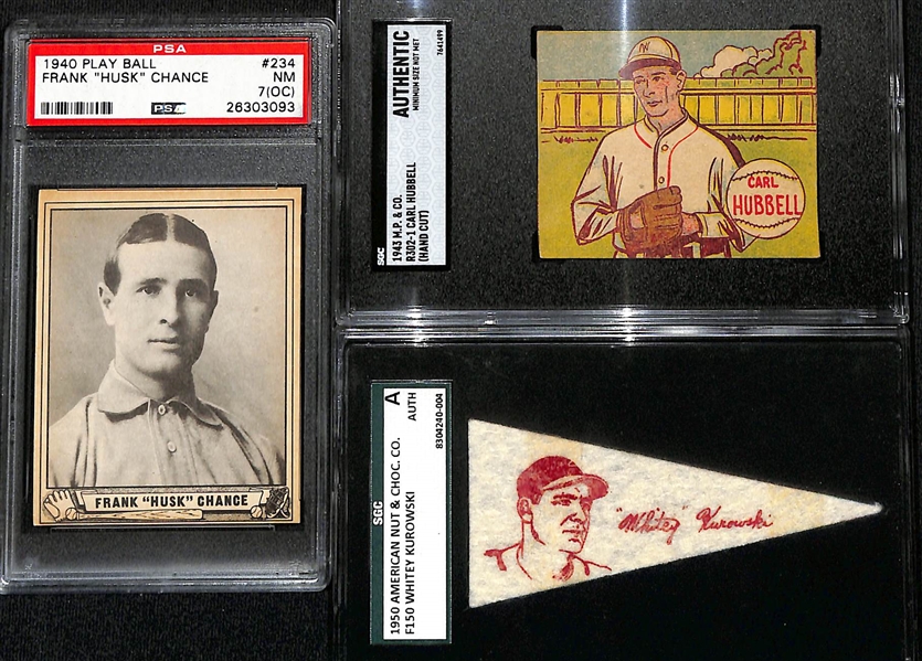 Vintage Baseball Card Lot - 1940 Play Ball Frank Chance (HOF) PSA 7 (OC), 1943 MP & Co. R302-1 Carl Hubbell (SGC Auth.), 1950 American Nut & Choc. F150 Whitey Kurowski (SGC Auth.), (6) 1950...